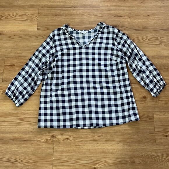 Crown & Ivy Womens Navy White Checkered Blouse 1X Plus Peplum Quarter Sleeve - Picture 1 of 6
